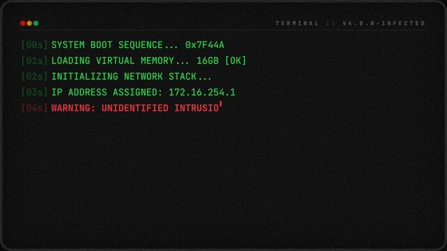 A retro-style computer terminal screen displaying a system boot sequence that gets interrupted by a malicious virus, showing data encryption and system failure alerts.