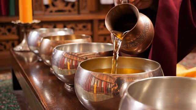 Monk Pours Liquid Into Row Of Shiny Metal Bowls During Ceremony Warm Lighting Reflects On Surfaces Traditional Wooden Shelving In Background