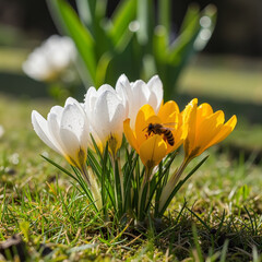 Fototapeta premium Yellow and white crocus flowers with bee on green grass 