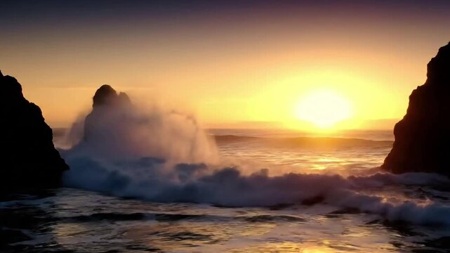 Coastal Sunrise Glow A high-contrast, duotone depiction of a coastal sunrise over rugged cliffs and crashing waves, emphasizing the luminous glow without any living beings or structures.