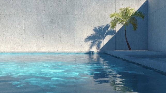 Poolside Oasis: Tranquil scene with a single palm tree casting a shadow on a modern minimalist structure, and the inviting water of a pool reflecting the sunlight.