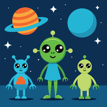 Cute cartoon Aliens in space in flat style