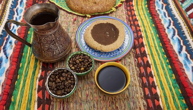 Ethiopian coffee ceremony with traditional jebena and coffee beans