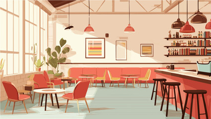 Obraz premium Modern cafe interior with flat design style, relaxed atmosphere and natural lighting.