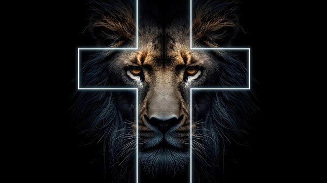 A high-contrast, digital artwork of a lion's face emerging from a black background, centered within a glowing white neon cross that frames its intense, amber eyes.
