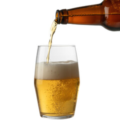 Beer pouring into a clear glass with foam bottle drink isolated on a transparent background