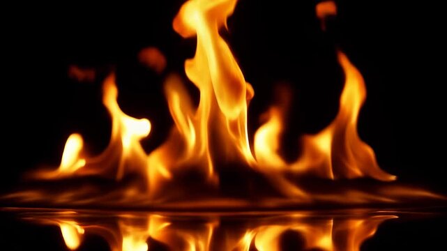 Vibrant orange flames rising against a dark background with reflection