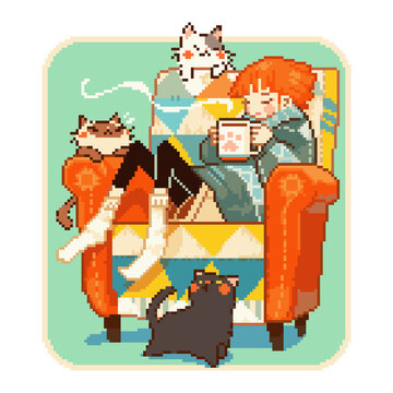 Cozy Morning Break with Cats Pixel Art Illustration in Green Frame.