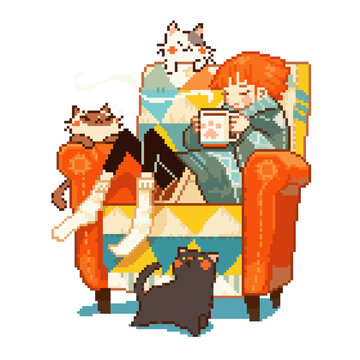Cozy Girl and Cats Relaxing in Armchair Pixel Art Character Isolated.