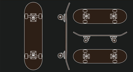 Technical Skateboard Vector Illustration Set Isolated on Black Background with Top Side and Bottom View Outlines for Extreme Sports Design and Skate Shop Branding © MdHasanAli