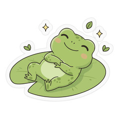 Fototapeta premium Cute Happy Frog Cartoon Illustration Vector Smiling Amphibian Character Sitting on Lily Pad Funny Animal Mascot Flat Design Isolated on White Background Clipart. Happy Frog Vector Illustration.