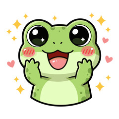 Fototapeta premium Cute Happy Frog Cartoon Illustration Vector Smiling Amphibian Character Sitting on Lily Pad Funny Animal Mascot Flat Design Isolated on White Background Clipart. Happy Frog Vector Illustration.