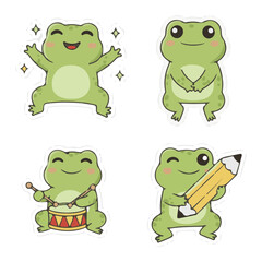 Fototapeta premium Cute Happy Frog Cartoon Illustration Vector Smiling Amphibian Character Sitting on Lily Pad Funny Animal Mascot Flat Design Isolated on White Background Clipart. Happy Frog Vector Illustration.