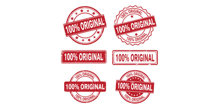 Collection of red 100 percent original stamp and seal icons isolated on white background