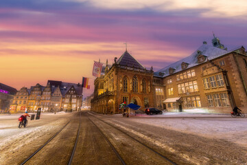 Iconic landmarks from the center of Bremen Schnoor, , the Dom Cathedral and old town