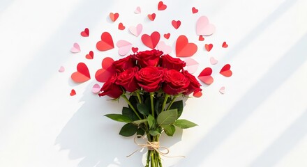 Red roses bouquet with falling heart confetti on white background romantic celebration