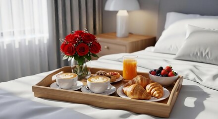 Delicious Breakfast Tray with Croissants and Fresh Fruit on Bed
