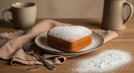 Powdered Sugar Cake on Plate with Coffee Cups and Fork on Wooden Table