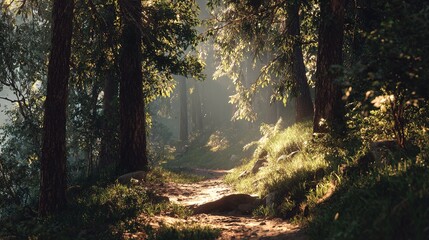 Obraz premium Sunlit Forest Trail: A serene path weaves through a sun-dappled forest, inviting exploration and offering a sense of peace amidst nature's embrace. 