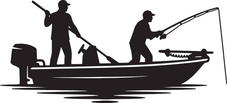 Two men fishing from a boat with an outboard motor and a trolling motor also transparent background fishing rod