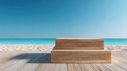 Fototapeta premium Serene Stage on the Shoreline: Wooden platforms set against a backdrop of the serene beach and vibrant ocean under a clear sky. A perfect scene for product display and design concepts.