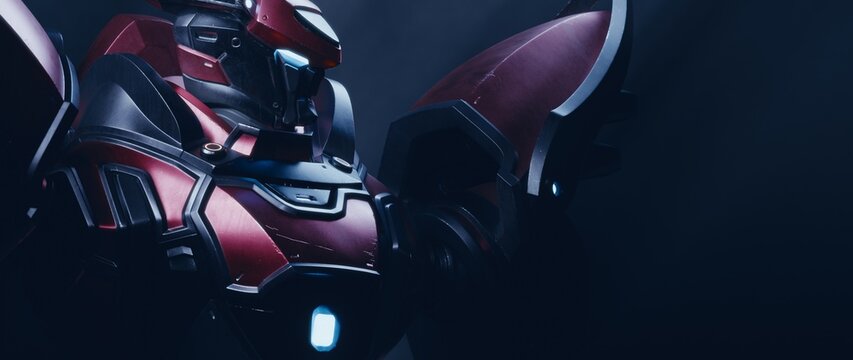 3D render of a futuristic sci-fi mecha samurai bust. Heavy metal red and grey armor with realistic scratches and glowing eyes. Dark background, cinematic lighting, cyberpunk mech warrior concept art.
