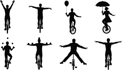Silhouette collection of unicycle performers balancing juggling and riding with umbrella and balloon isolated vector illustration set on white background © MstMorshida