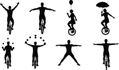 Unicycle performer silhouettes juggling balancing and riding with umbrella and balloon isolated black vector illustration set on white background © MstMorshida