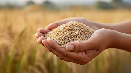 A pair of hands holding a heap of golden rice grains in front of a sun-drenched field during harvest time
