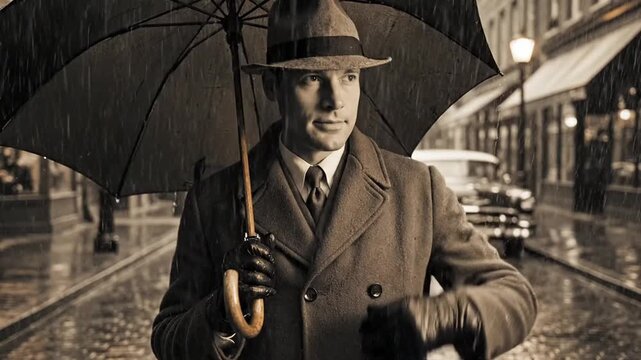 Classic gentleman in a fedora and trench coat holding an umbrella on a rainy old city street with a vintage car in the background