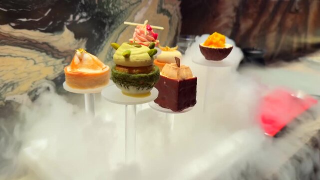 Postres gourmet con hielo seco.