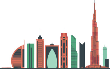 Obraz premium Stylized Dubai skyline illustration with Burj Khalifa, Burj Al Arab, geometric buildings, modern architecture, minimalist cityscape art