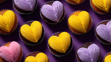 Obraz premium Heart shaped cupcakes with yellow, purple, and pink frosting on purple background, colorful dessert for celebration or romantic occasion