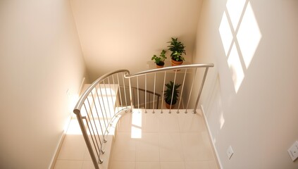 Modern minimalist staircase with stainless steel railing and potted plants illuminated by natural light