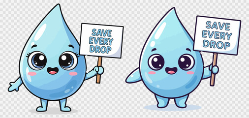Fototapeta premium World Water Day | Cute vector water drop character holding a 'Save Every Drop' sign, isolated on transparent background, perfect for environmental campaigns and educational materials.