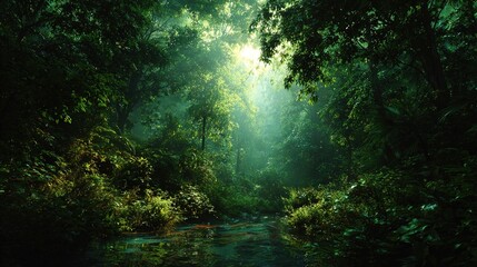 Fototapeta premium Enchanted Forest Trail: Sunlight filters through the dense canopy of an old-growth forest, illuminating a tranquil trail. The rich greens and dappled light create a scene of serenity and mystery.