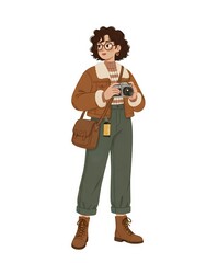 Naklejka premium Young female photographer with vintage film camera and retro brown jacket standing illustration