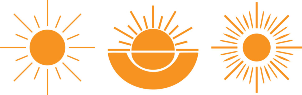 Orange sun icons with rays on white background for design and decoration purposes