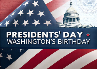 Presidents Day Sign | Washington's Birthday Celebration Announcement with Capitol and Flag