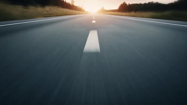 View of  high speed car driving on asphalt road at sunset, intense motion blur and glowing horizon, cinematic acceleration concept of freedom, ambition and performance.