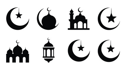 Eid ul fitr silhouette icons bundle mosque crescent moon star and lantern symbols for islamic celebrations and ramadan decor © Tuli