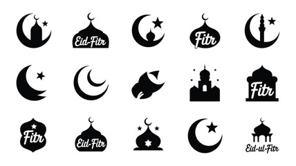 Eid fitr celebration icons set black silhouettes of crescent moon star mosque and eid mubarak symbols on white background for ramadan festivities and greeting cards © Tuli