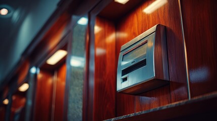 Fototapeta premium Modern Information Display System on Polished Dark Wood Panel