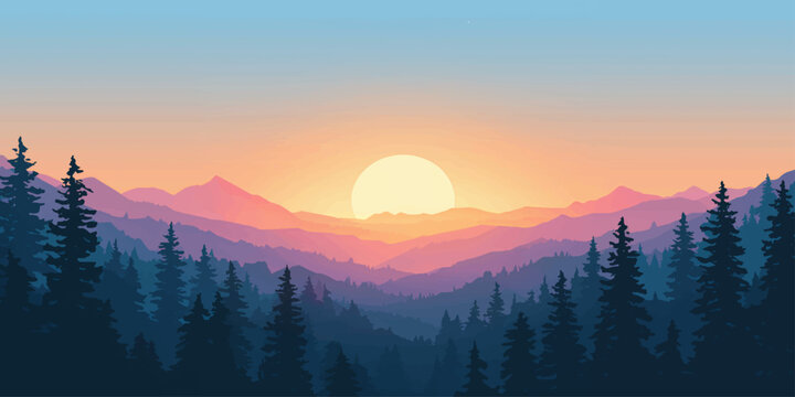 Majestic winter mountain landscape at dawn featuring a misty valley with snow-capped Alps under a colorful sunrise sky filled with soft clouds and forest trees