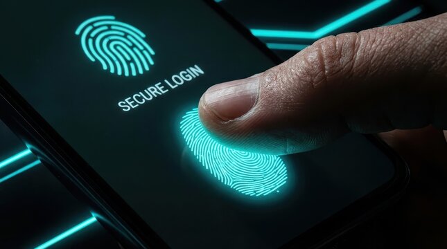 Thumb interacts blue biometric security interface. biometric, blue, cyan, thumb, login, security, tech.
