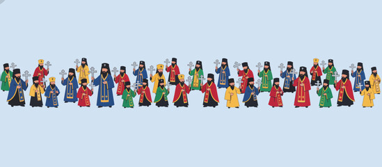 Colorful illustration of diverse religious figures representing Noah's Ark  