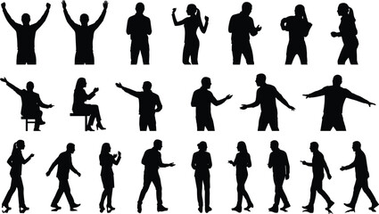 Obraz premium People Silhouettes with Gestures, Applause, Conversation and Walking Poses Set