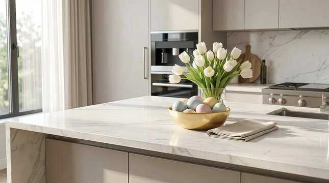 Bright modern kitchen with a marble island featuring a wooden bowl of pastel Easter eggs and a vase of white tulips, sunlit breakfast workspace in a clean contemporary setting