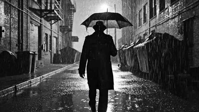 Lone man in a trench coat holding an umbrella walking down a dark, rainy cobblestone alley in black and white