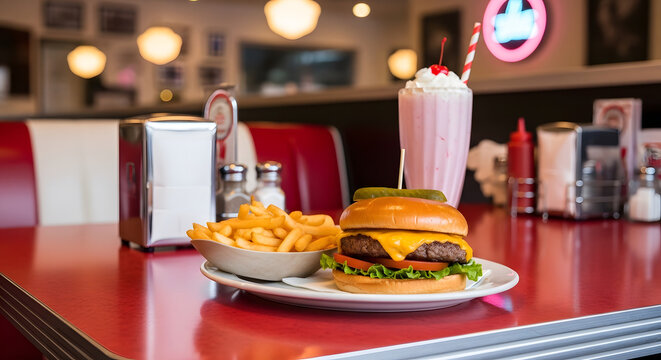 A classic American diner burger meal with fries and milkshake on a red table viewed from the side